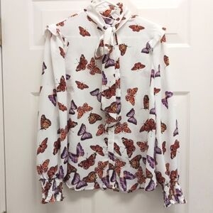 NY&Co Butterfly Button Front Tie Neck Blouse Medium White Long Sleeve Whimsical